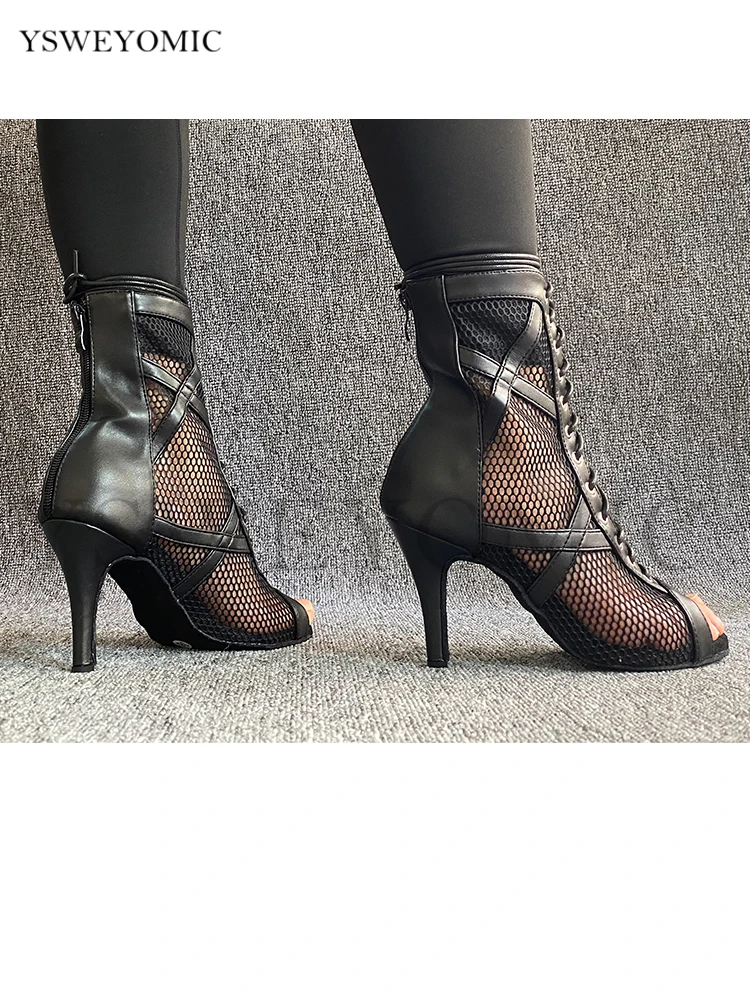 Botas de baile latino para mujer, zapatos de baile de Salsa de Bachata de cuero negro, tacón alto de 10cm, zapatos de baile de Salsa de salón,