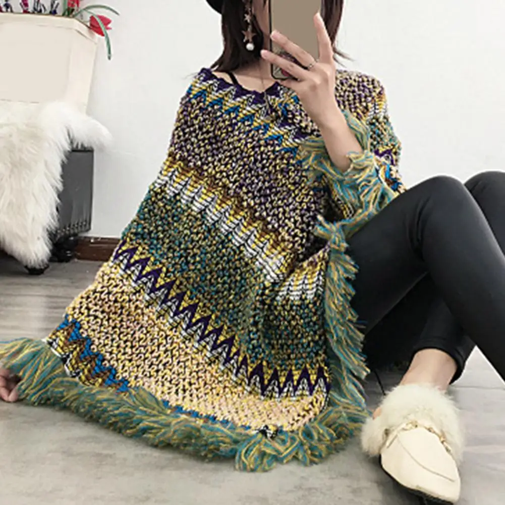 Bohemian Cloak Coat Women Poncho Thick Tassel Irregular Hem Cape Coat Women Knitted Sweater Cape Coat capa mujer пончо женское