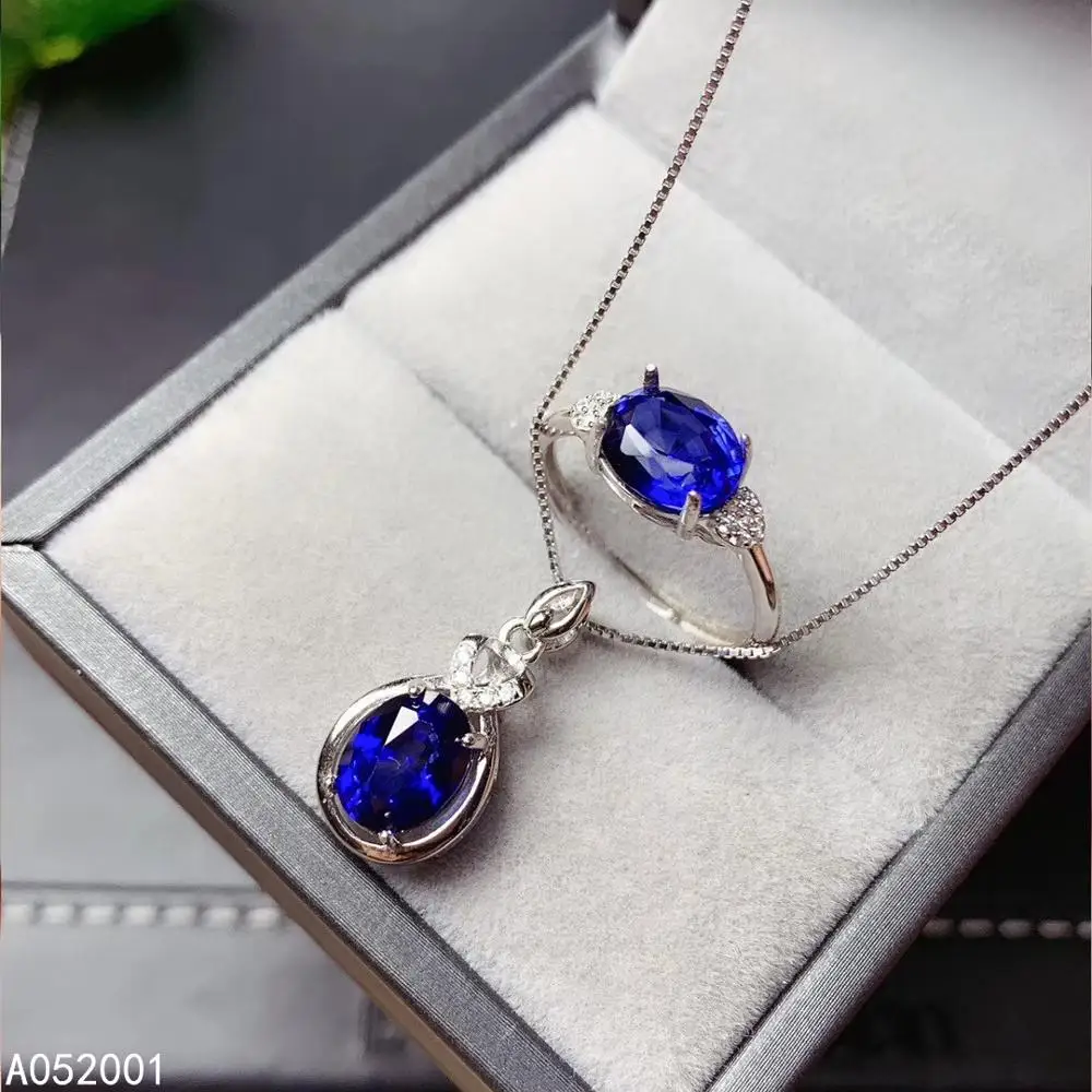 

KJJEAXCMY fine jewelry natural sapphire 925 sterling silver women gemstone pendant necklace ring set support test beautiful