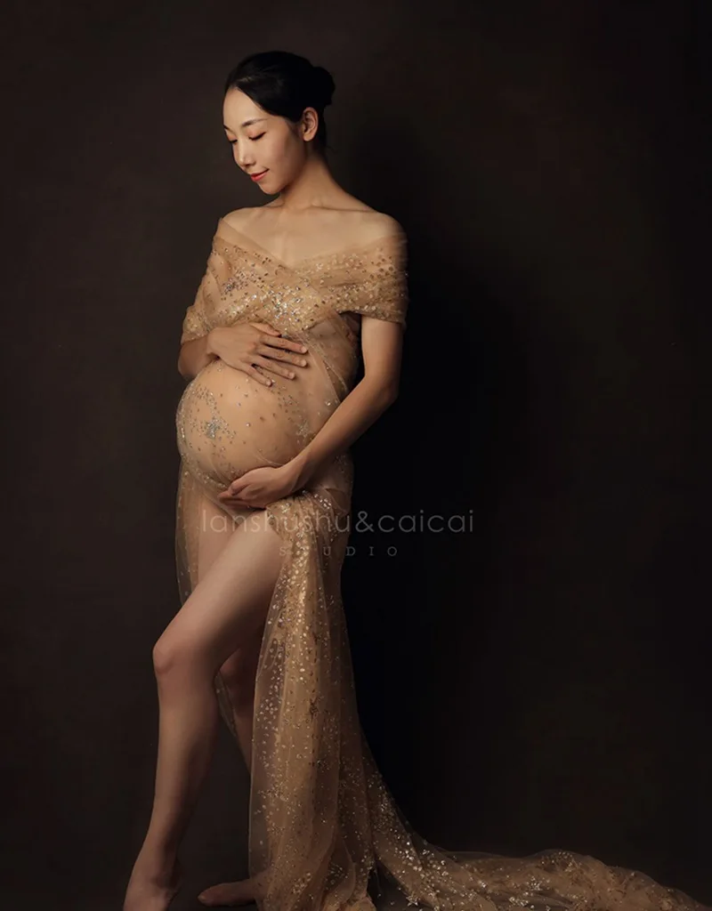 Tulle Bronzing Sexy Maternity Photography Dresses For Baby Showers Pregnancy Maxi Gown Long Pregnant Women Wrap Photo Shoot Prop