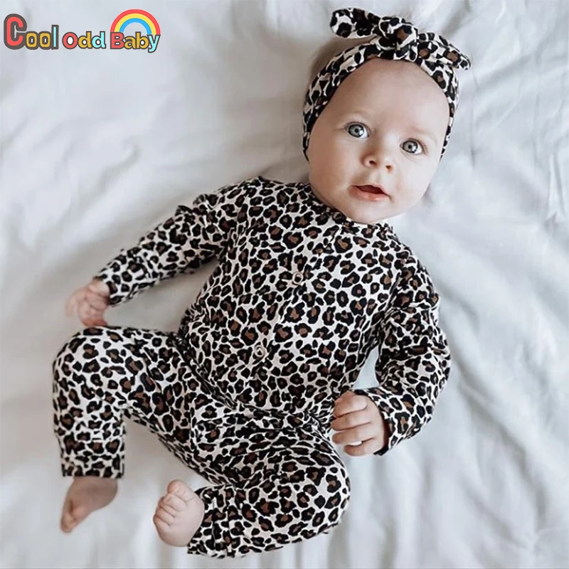 Wiosna jesień noworodek zestaw ubranek dla dziewczynki moda Leopard Romper + pałąk kombinezon dla niemowląt z długim rękawem 2 szt. Odzież niemowlęca