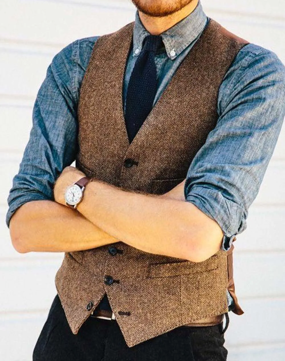 

Men‘s Suit Vest Brown Black Herringbone Tweed Waistcoat Sleeveless Jacket Slim Fit Formal Business Groomsmen Vests For Wedding