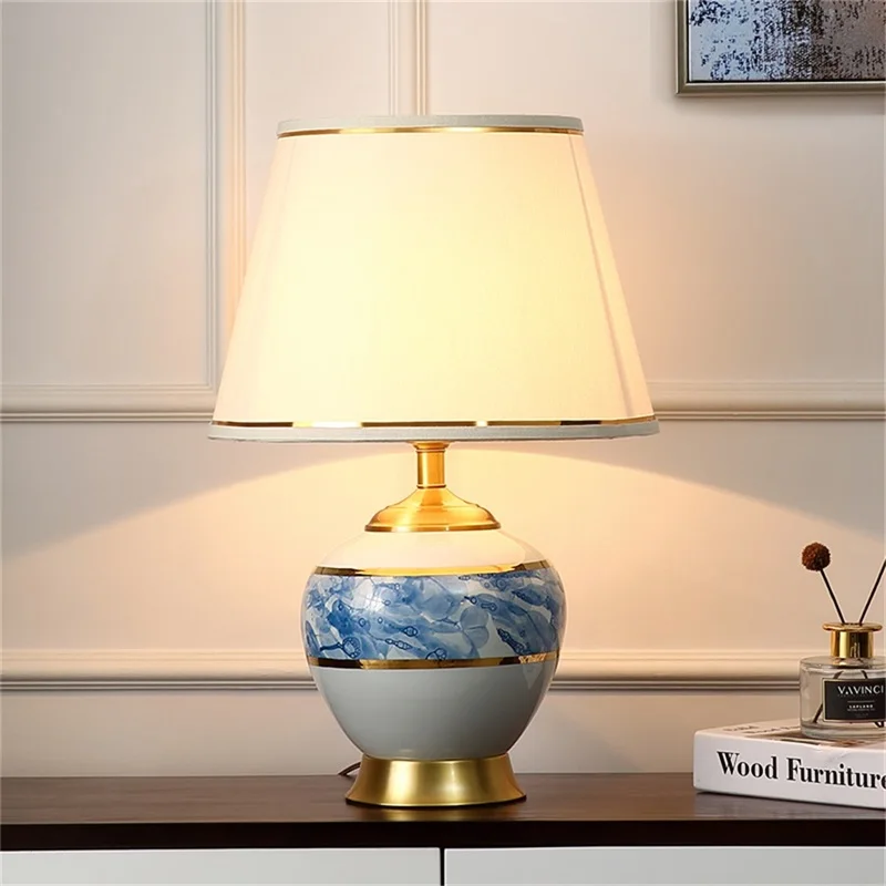 OURFENG Modern LED Table Desk Lamp Copper Bedside Light Ceramic Decorative Home Foyer Office Bed Room Dining Room