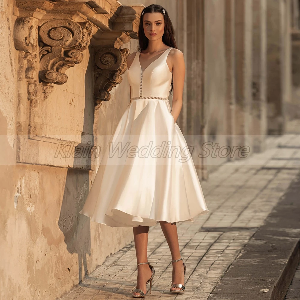 Elegante comprimento do chá de alta qualidade cetim vestido de casamento com decote em v sem mangas a linha zíper voltar vestidos de noiva 2021 robe de mariée