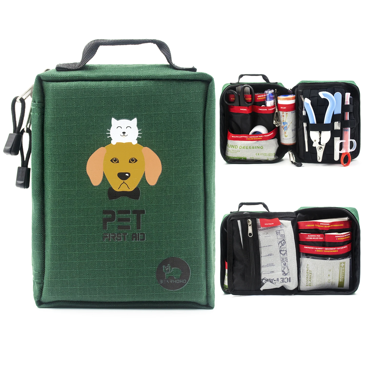 Pet First Aid Kit 160 Pieces Storage Bag 3 Section Military Green Handy Lightweight Emergency Medical Rescue Cat Dog Cure Treat