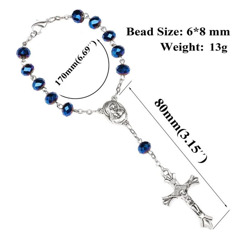 QIGO Blue Crystal Rosary Bracelet Cross Women Catholic Jewelry Gifts