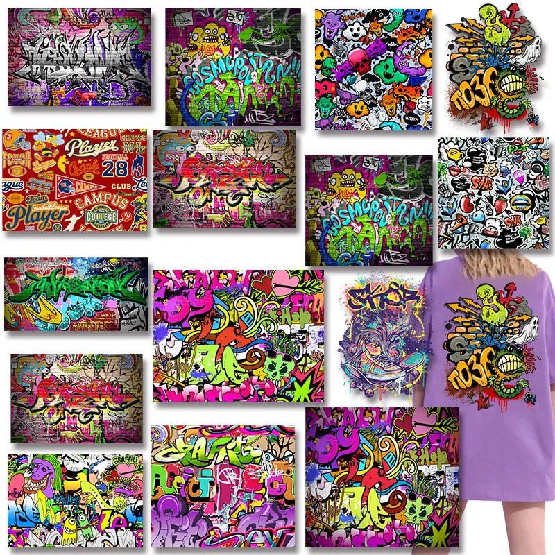 Colorful graffiti alphabet pattern On Clothes Applique Decor Heat Transfer PVC Patch Iron on patches Washable DIY Appliques