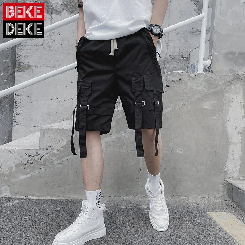 Cargo Summer Shorts Men Multi-Pockets Loose Straight Knee-Length Shorts Solid Color Black Casual Elastic Waist Shorts Male