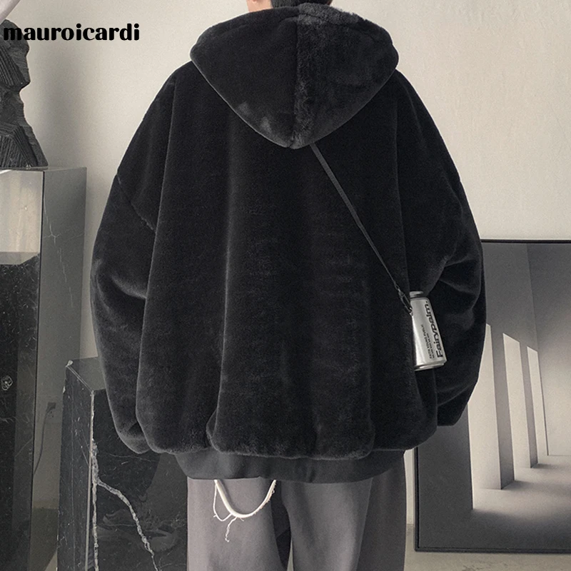 Mauroicardi Winter Oversized Black Warm Thick Parka with Fur Inside Hood Long Sleeve Korean Fashion Men 2021 Reversible Fur Coat