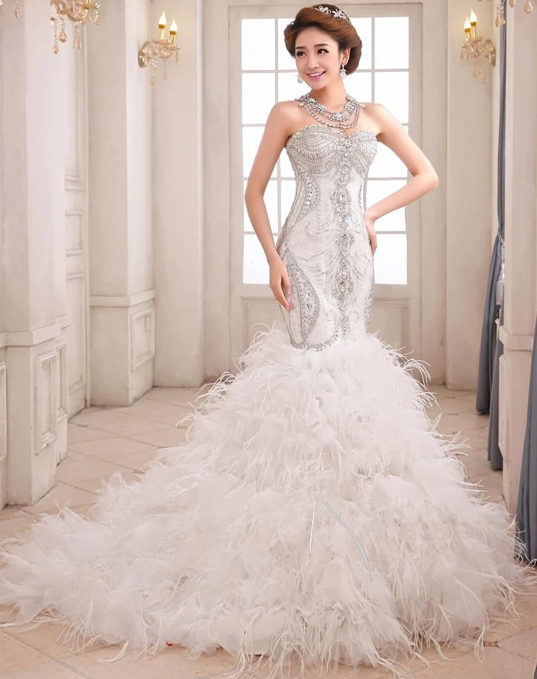 Robe de mariée sirène de luxe personnalisée, volants glamour exquis, plissés de plumes perlées, robe de mariée à la mode, 2025