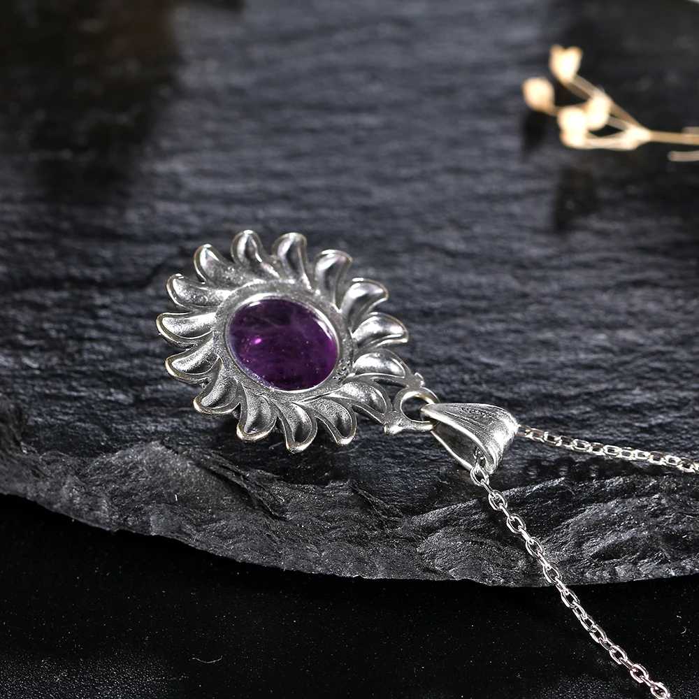 Natural Amethyst Necklace for Women Sterling Silver 925 Vintage Style Sun Shaped Pendant Charming Necklace Gift Jewelry Whoesale