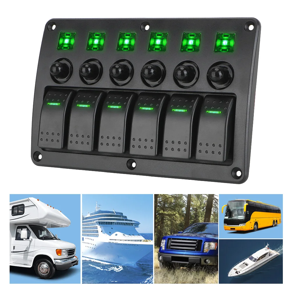 LED Light with Sticker Marine Rocker Switch Panel Waterproof 12~24V Circuit Control 6 Gang Car Switch Panel