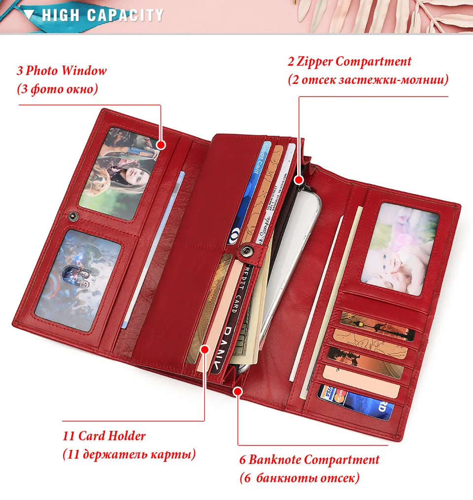 Lange Damen-Geldbörse aus echtem Leder, RFID-Trifold-Multi-Kreditkartenhalter, Schlitz mit Handytasche, luxuriöse Damen-Geldtasche – Detail 9