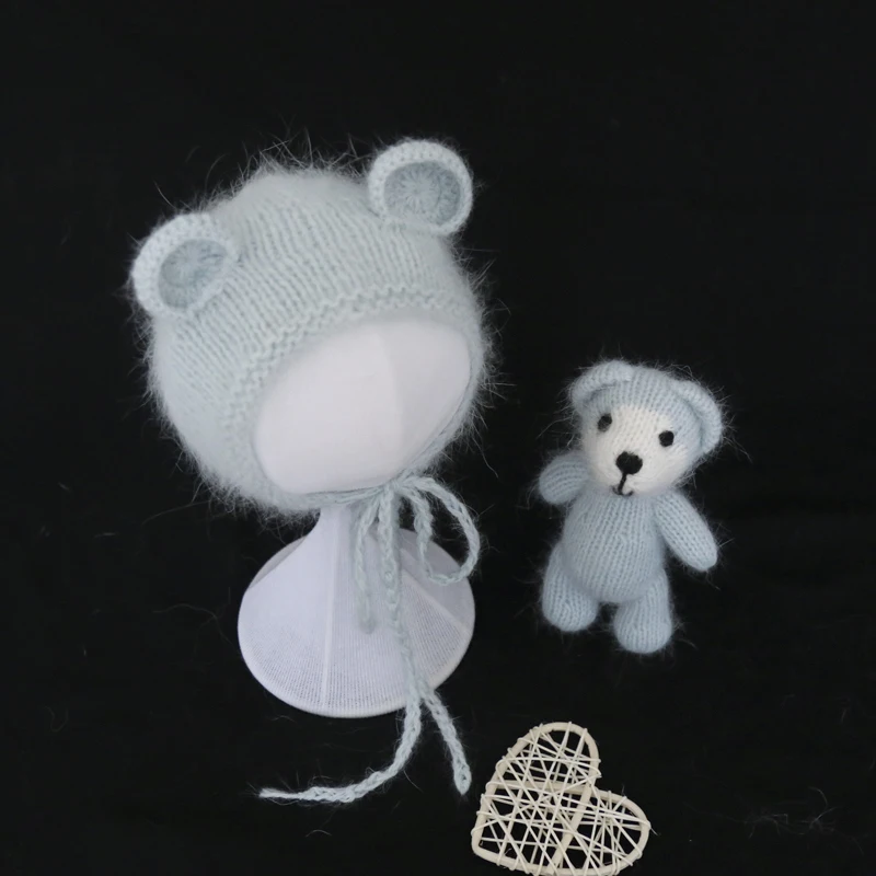 Fluffy Angora Teddy Bear Bonnet Toy Set Baby Photo Shoot Crochet Mohair Animal Filler Toy Hat Newborn Photography Props