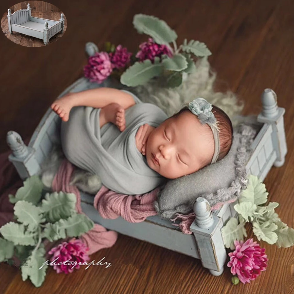 4 Colors Photography Newborn Props Mini Small Country Wooden Bed Baby Photo Shooting Basket Foldable Furniture for New Born Pod