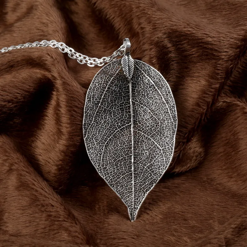 LOVBEAFAS Unique Natural Real Leaf Necklace for Women Filigree Long Statement Vintage Necklace Collier Femme Necklace Jewelry