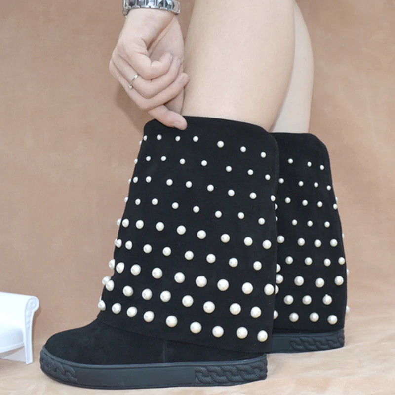 10CM inner heel pearls beading mid calf boots cow suede leather large size woman inner heel pearls beading boots real photos