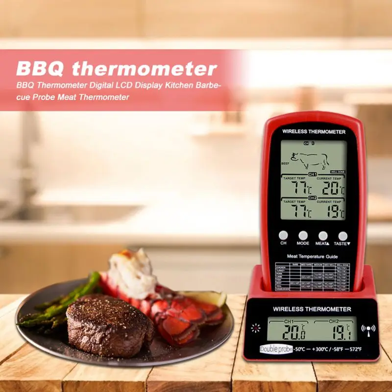 Digital BBQ Dual Probe Thermometer Wireless Kitchen Oven Cooking Grill Smoker Thermometer Meter Gauge Tool