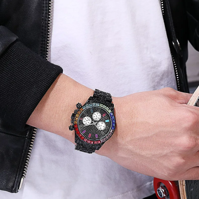 Orologio con diamanti colorati Top Brand per uomo orologio da polso al quarzo Hip-Hop di lusso ghiacciato di lusso orologio da uomo Relogio