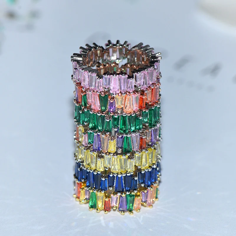 Hot sale T Shape colorful zircon Stone Ring Luxury Baguette AAA Cubic Zircon Bridal Ring Charms For Women Wedding Finger Jewelry