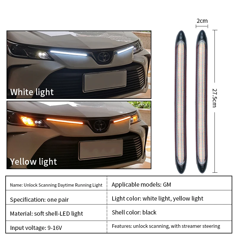 2pcs Car LED DRL Daytime Running Light Waterproof Flexible Strip Headlight Sequential Dynamic Flow Turn Signal Yellow Lights 12V