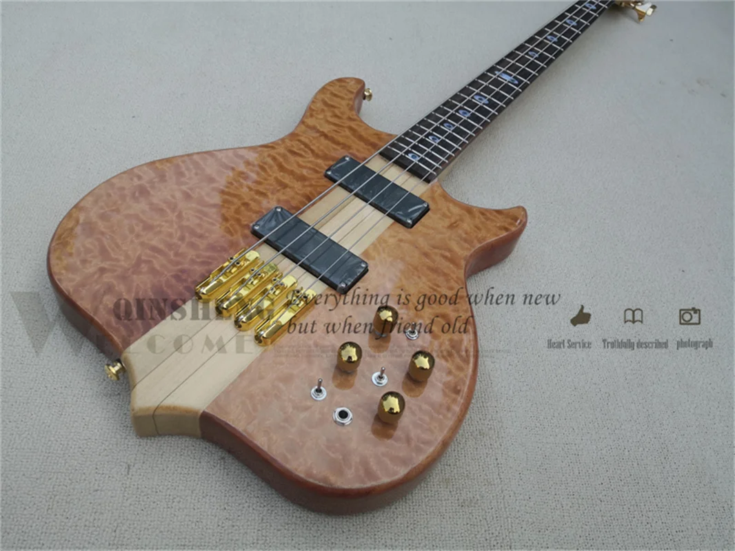 Custom 4 string bass guitar brown squilted maple veneer,mahogany body,gold buttons,active battery