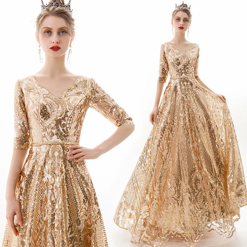 New V-neck Evening Dress vestido de festa Formal party dress Luxury Gold Long Sequin prom gowns Bride Half sleeve dresses