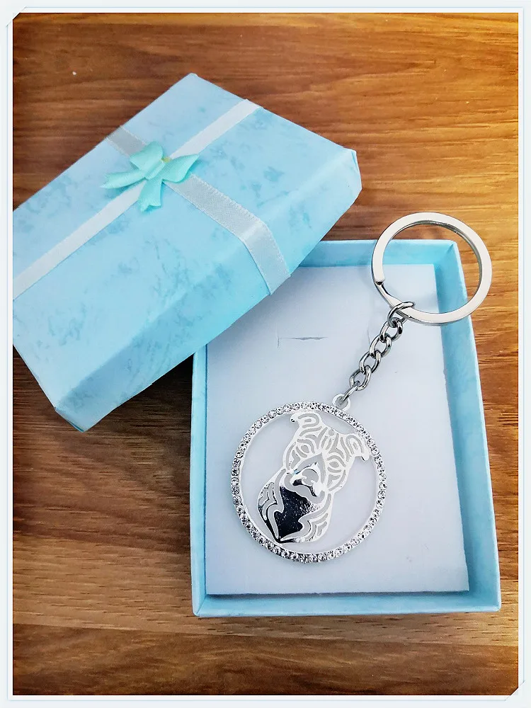 American Staffordshire Terrier Pit Bull Crystal Stainless Steel Women Necklace Jewelry Femme Dog Key Chain With Gift Box