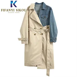 Patchwork Denim Women Trench coat Double Breasted Lapel Long Trench coat Asymmetry Fashion Loose Female Windbreaker 2020 Autumn