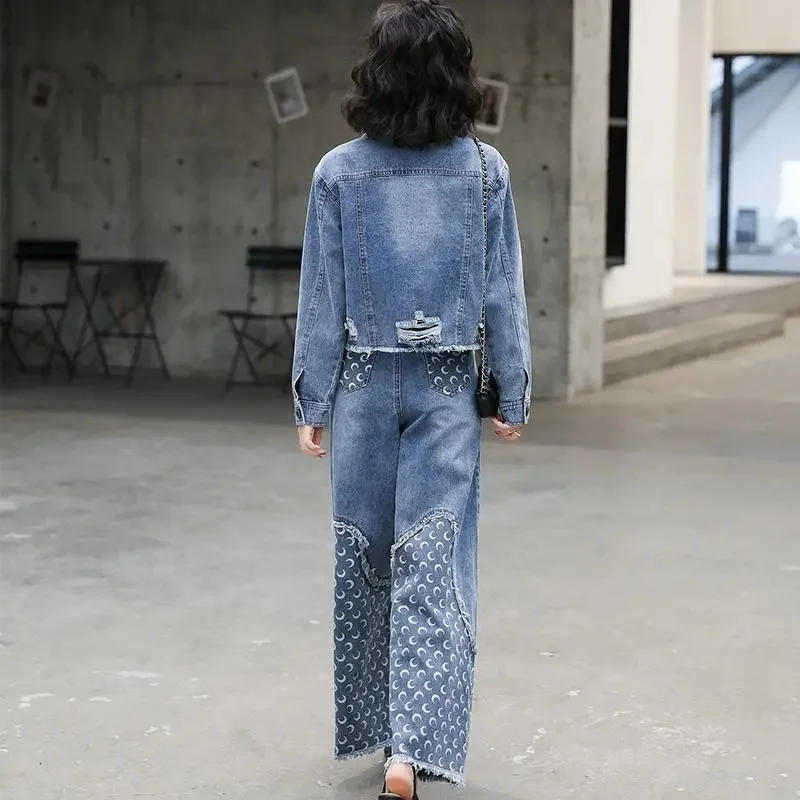 Denim Wide-Leg Pants Suit Women 2022 Spring Autumn New Western Style Female Two-Piece Loose Fashionable Short Jacket Fashion Set