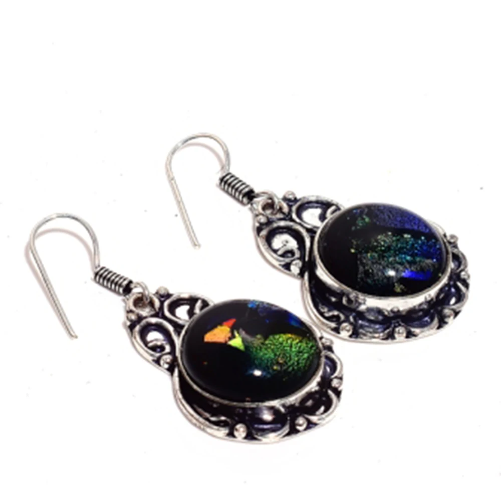 Fancy Dichroic Glass , Silvers Overlay on Copper Earrings ,45 mm ,  E4572