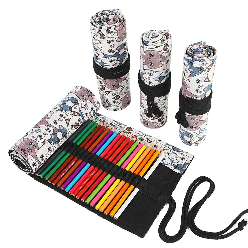 12/24/36/48/72 Holes Cute Cat Pencil Case Leaves Roll-up Pencil Bags for Girls Boys Large Penal Cartridge Pen Bag Stationery