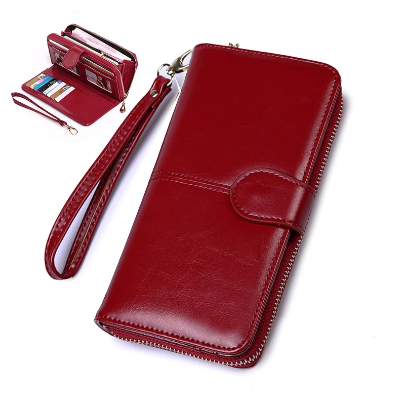 Nueva cartera de cuero encerado con aceite para mujer, monederos para mujer, monedero con cremallera y cerrojo de gran capacidad, bolso de mano largo para mujer, tarjeteros