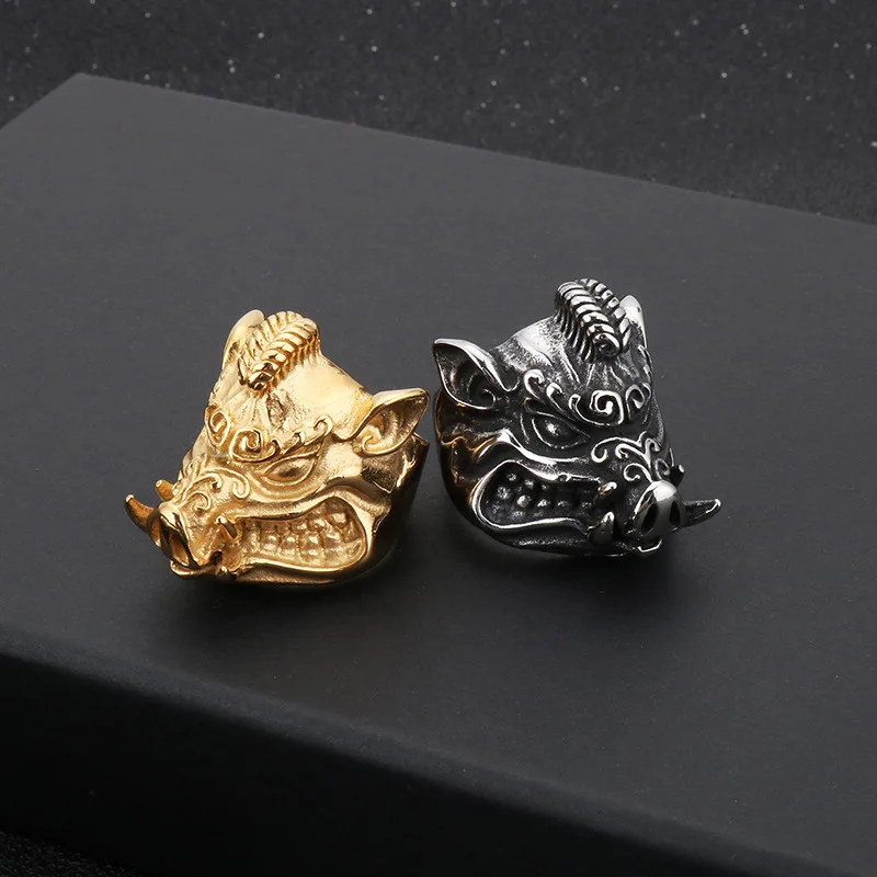 Personality new jewelry titanium steel domineering men's ring retro violent wild boar stainless steel jewelry