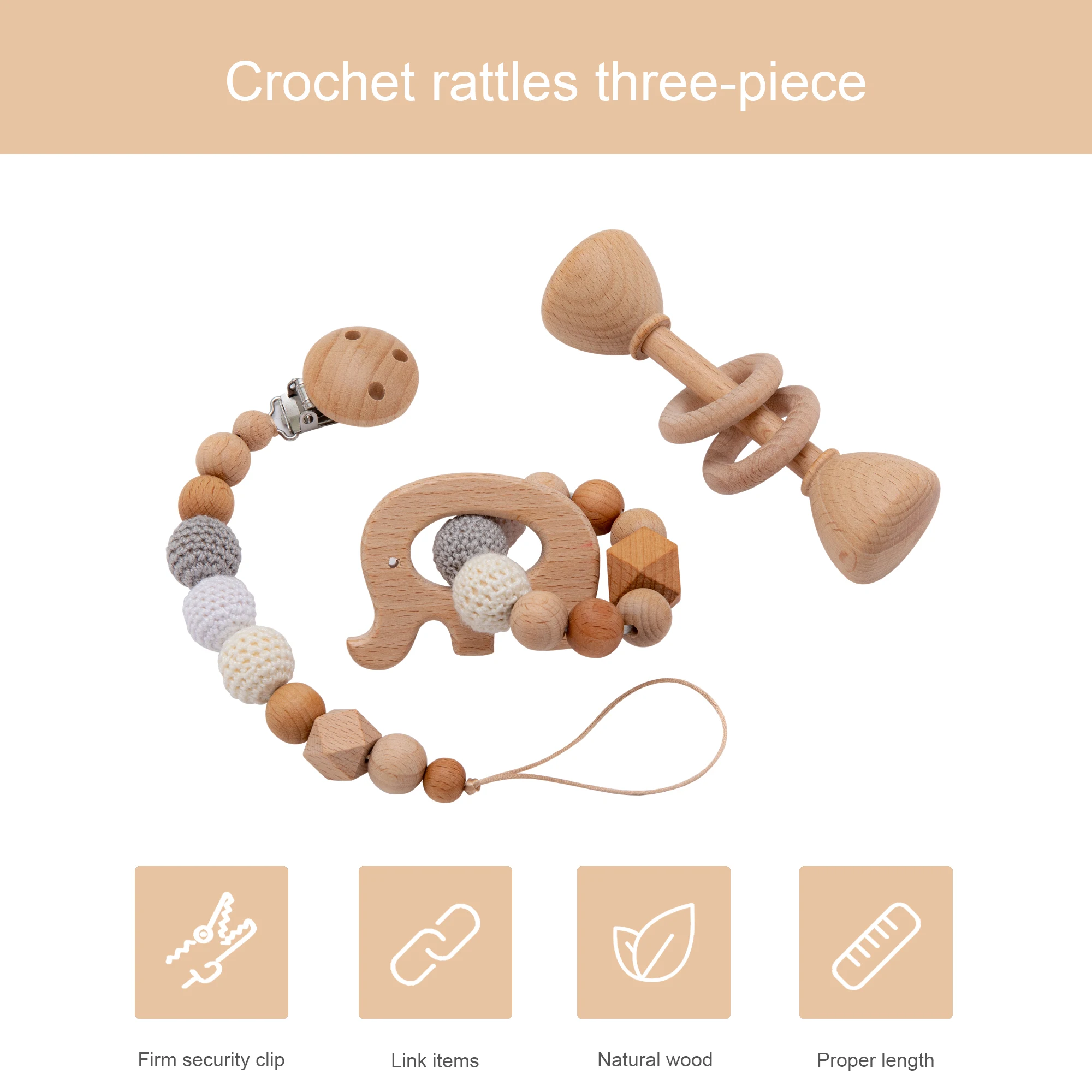 3pc/Set Baby Wooden Music Rattle Pacifier Dummy Clips Teething Bracelet Hanging Mobile Holder Gym Baby Newborn Stroller Game Toy