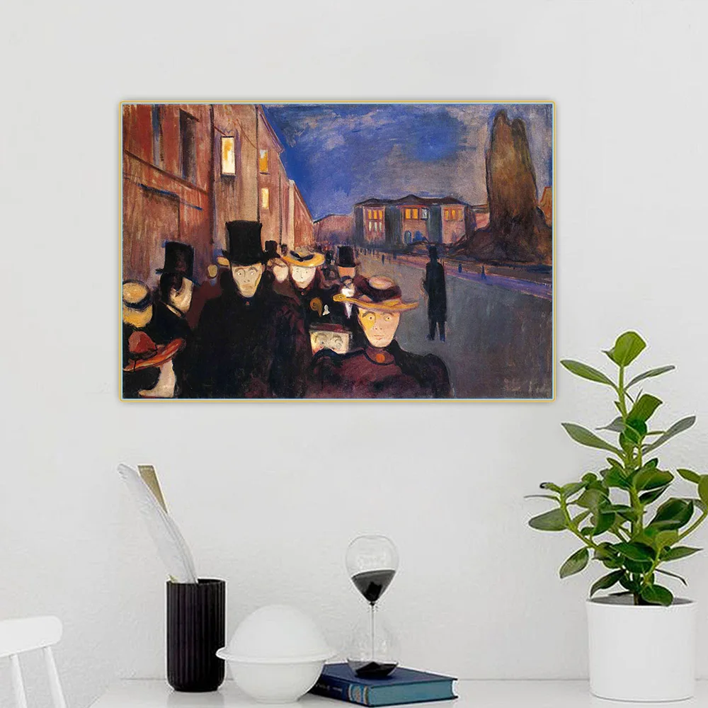 Evening on Karl Johan Street, by Edvard Munch Canvas Oil Painting Artwork Aesthetic Picture Wall Hanging Decor Home Decoration