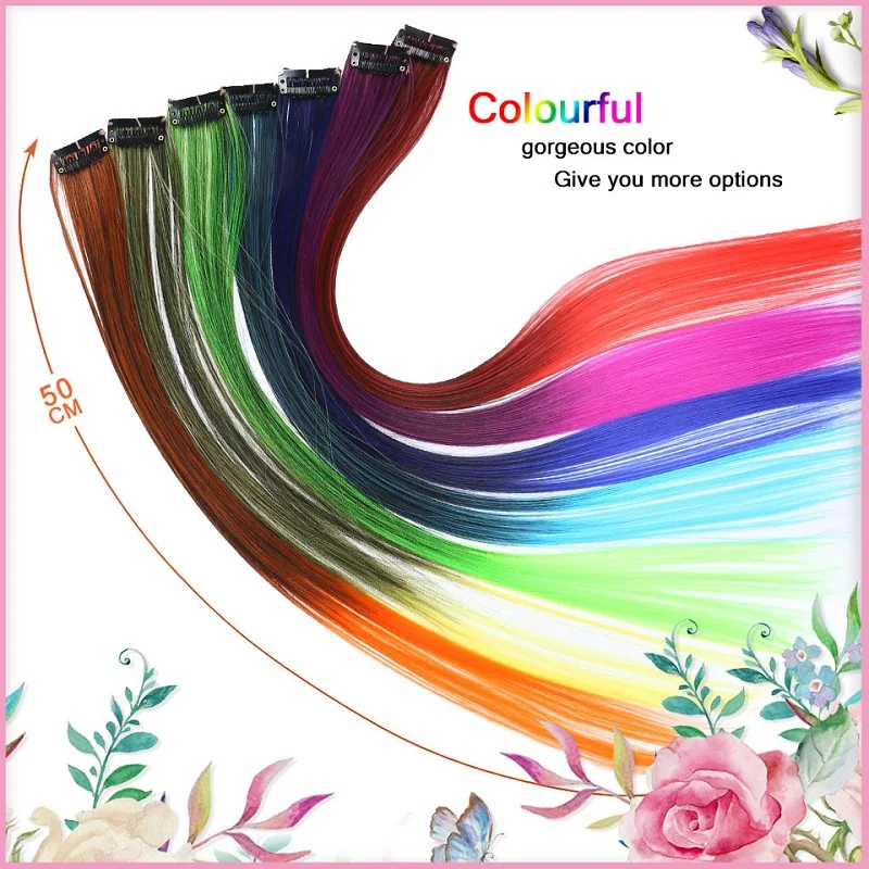 BUQI Rechte Nep Gekleurde Hair Extensions Clip Regenboog Haar Streak Synthetische Roze Oranje Wit Paars Haar Strengen op Clips