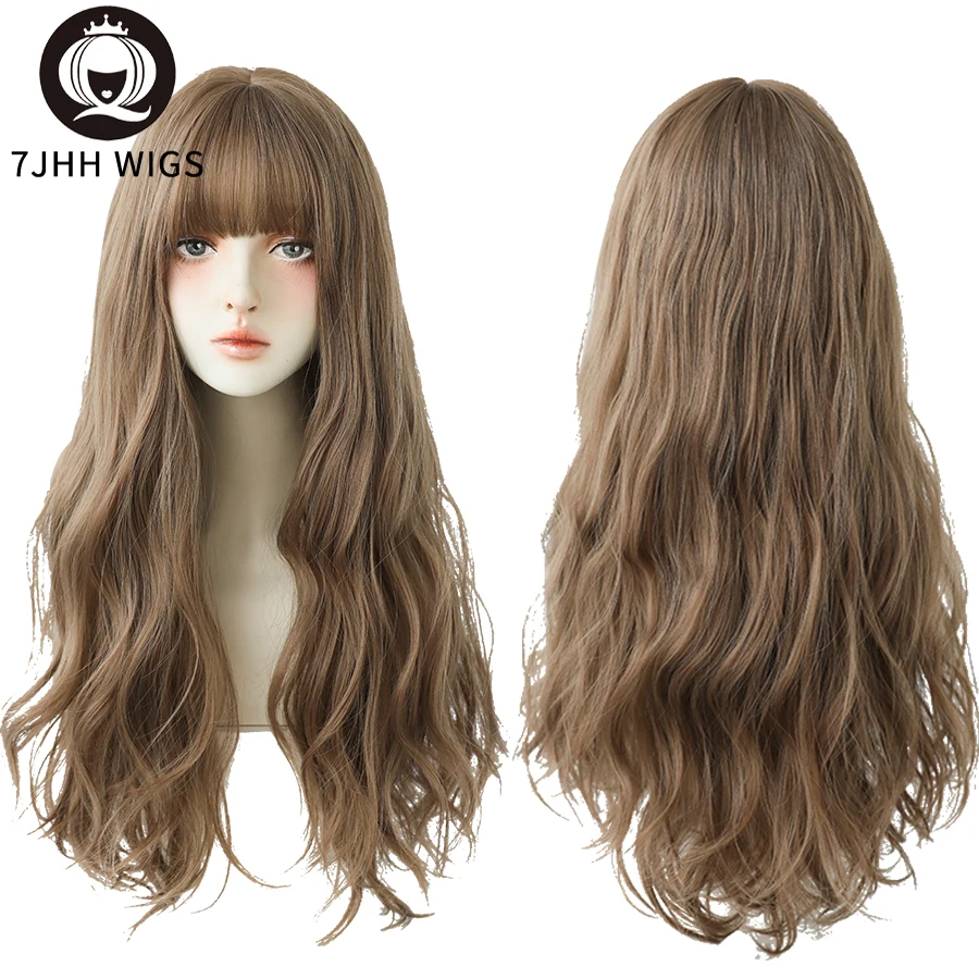 7JHHWIGS Cold Brown Synthetic Wigs Long Deep Wavy Hair With Bangs For Women Daily Wear Heat-Resistant Natural Trendy Wig