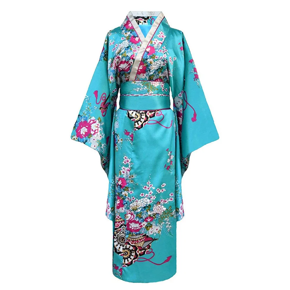 Onesize Female Japanese Kimono Bathrobe Gown V-neck Satin Evening Party Prom Gown Vintage Cosplay Costume Full Sleeve Gown