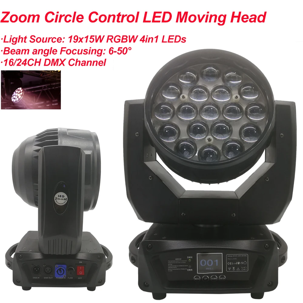 

LED 19X15W Zoom Wash Beam Light RGBW 4in1 Moving Head Stage Light DMX Stage Light DJ Nightclub Party Concert Stage Professional