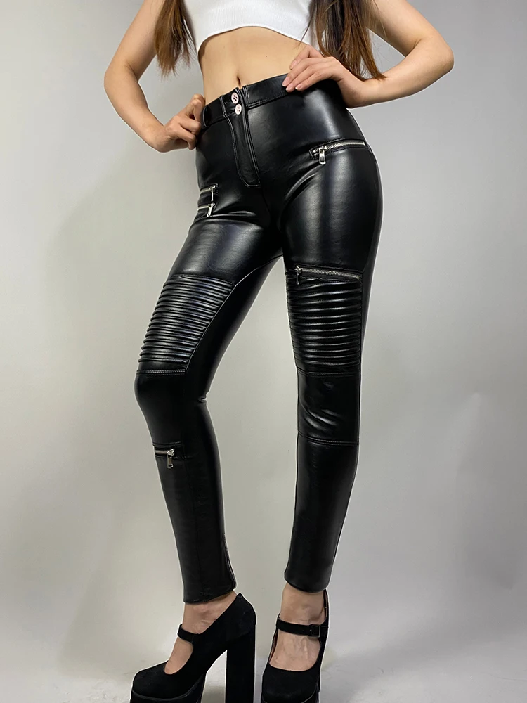 Shascullfites Melody Womens Leather Moto Pants Black Pencil Pants Warm Biker Pants Women's Clothing with Free Shipping