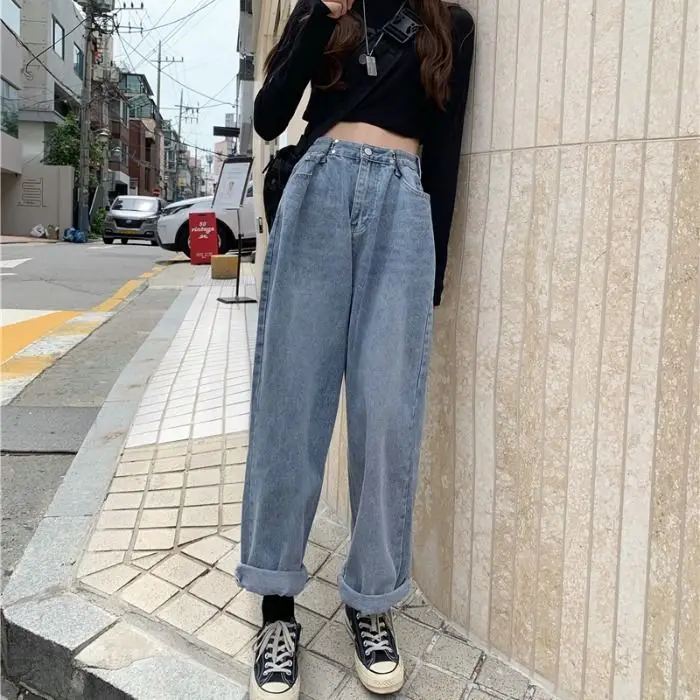 Mujeres Vintage mom Jeans, vaqueros de ajustable alta cintura Denim lavado de moda Pantalones otoño Streetwear Retro coreano Chic