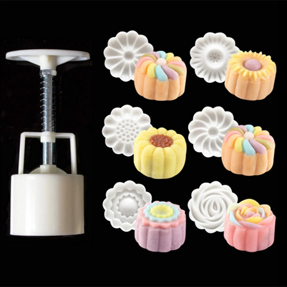 1SET Kitchen Hand Pressure Fondant Round Flower Mooncake Mold Moon Cake Decoration Tools Cookie Cutter Pastry Baking Tool XB 122