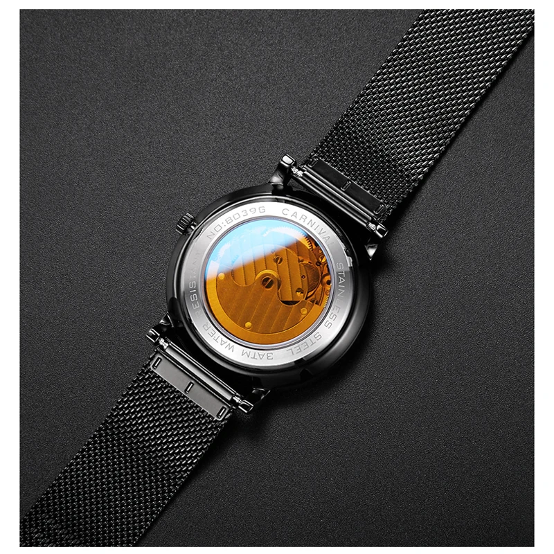 Carnival Fashion Mechanical Watch Men Black Stainless Steel Mesh Strap Waterproof Calendar Small Seconds Design Mens Watches