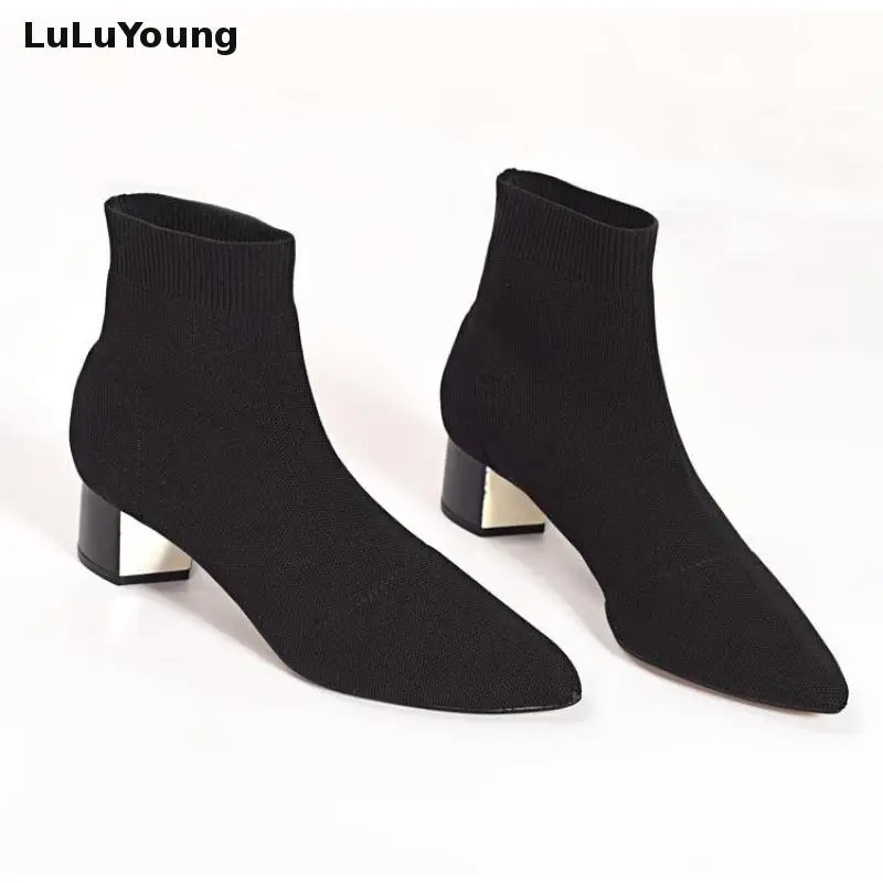 Knitted Elastic Socks Boots Medium Heeled Short Boots Women Point Toe Ankle Boots