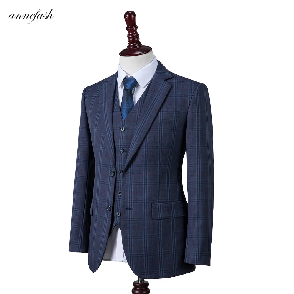 Custom Made high quality 150\'s worsted wool blue windowpane check Men Suit for wedding business causal suit