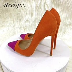 Heelgoo Orange Purple Patchwork Women Flock Pointy Toe High Heel Shoes Ladies Faux Suede Slip On Stiletto Pumps Plus Size 33-46