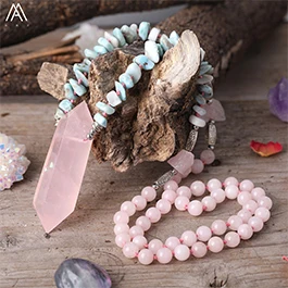 Natürliche Rosa Quarz Doppel Stick Punkt Anhänger 8mm Verfilzte Amazonit Rosen Quarz Runde Perlen Schnur Verknotet Mala Halskette Schmuck – Detail 9
