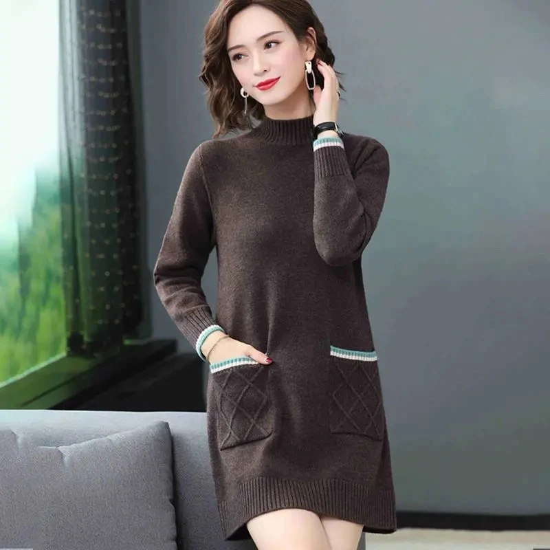 Autumn Women Half Turtleneck Sweater Pullover New Long Sleeve Pocket Pull Knitted Sweater Middle-aged Elderly Female Jumper Tops