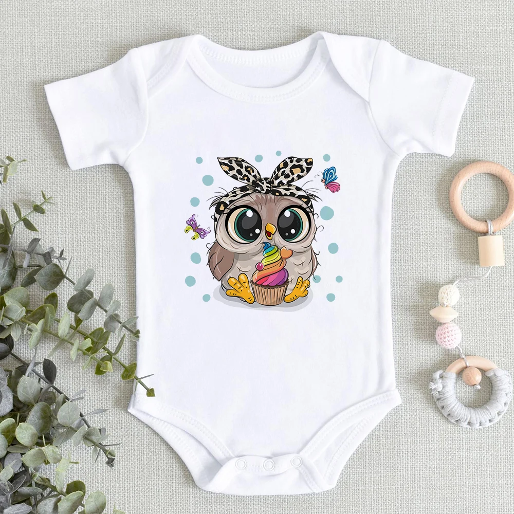 Kawaii Owl Print Baby Girls Boys Clothes Fashion Cute Summer Casual Newborn Baby Bodysuit Short Sleeve Harajuku Wholesale Romper